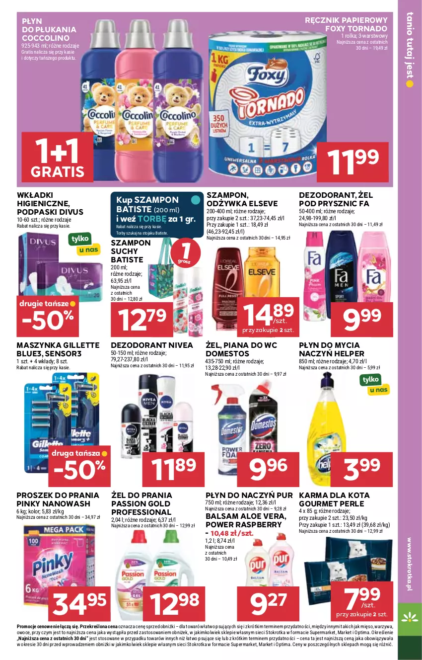 Gazetka promocyjna Stokrotka - Market - ważna 27.08 do 02.09.2026 - strona 27 - produkty: Aloe vera, Batiste, Coccolino, Dezodorant, Do mycia naczyń, Domestos, Elseve, Fa, Foxy, Gillette, Gra, Maszynka, Mięso, Nivea, Odżywka, Optima, Owoce, Papier, Płyn do mycia, Płyn do mycia naczyń, Płyn do płukania, Podpaski, Proszek do prania, Pur, Ręcznik, Stojak, Szampon, Szynka, Warzywa, Wkładki