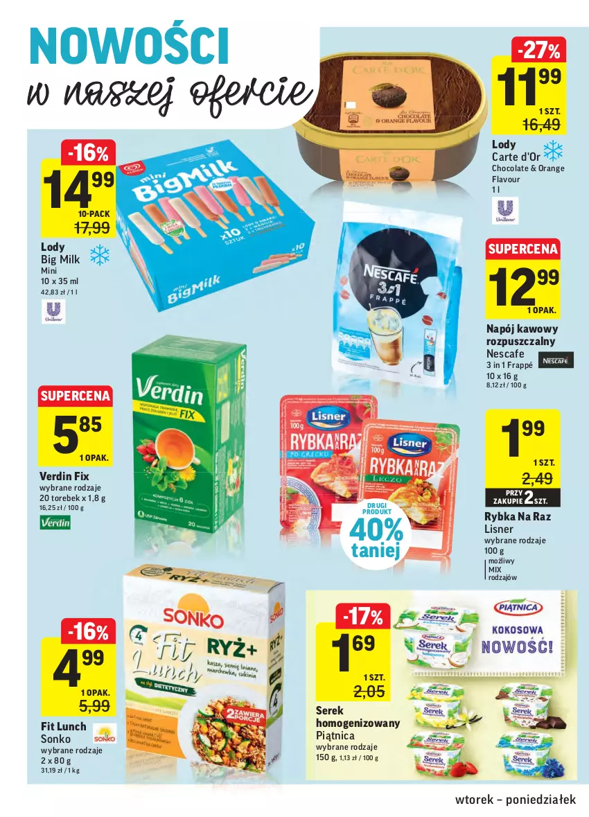 Gazetka promocyjna Intermarche - ważna 03.08 do 09.08.2021 - strona 32 - produkty: Big Milk, Carte d'Or, Lisner, Lody, Napój, Piątnica, Rybka na raz, Ser, Serek, Serek homogenizowany, Sonko