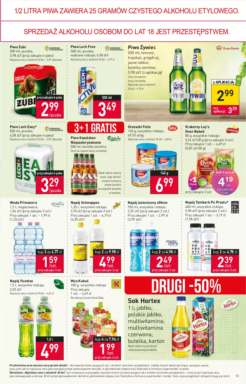 Gazetka promocyjna Stokrotka - Supermarket - ważna 27.07 do 02.08.2023 - strona 13 - produkty: Felix, Gra, Hortex, Kasztelan, Krakersy, Kubuś, Lay’s, Mięso, Mus, Napój, Napój izotoniczny, Orzeszki, Owoce, Piwa, Piwo, Por, Prima, Primavera, Schweppes, Sok, Tymbark, Warzywa, Woda