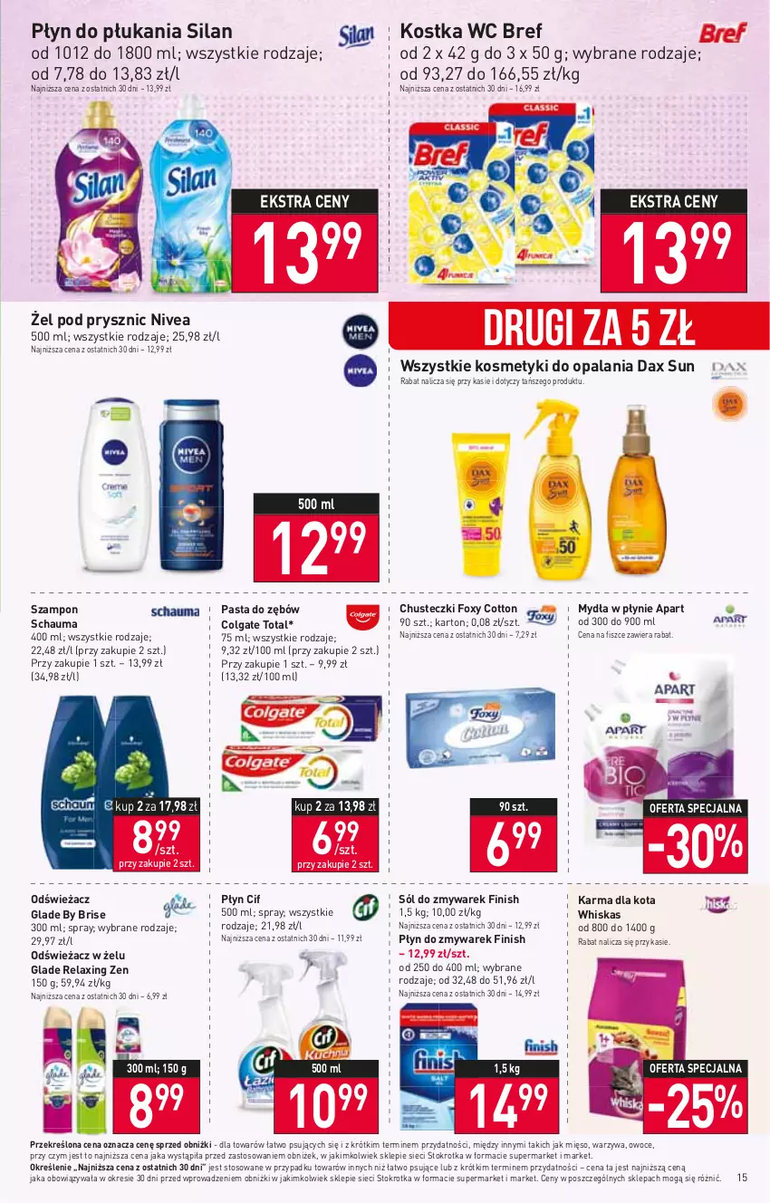 Gazetka promocyjna Stokrotka - Supermarket - ważna 27.07 do 02.08.2023 - strona 15 - produkty: Bref, Chusteczki, Cif, Colgate, Colgate Total, DAX, Finish, Foxy, LG, Mięso, Nivea, Owoce, Pasta do zębów, Płyn do płukania, Schauma, Silan, Sól, Szampon, Warzywa, Whiskas