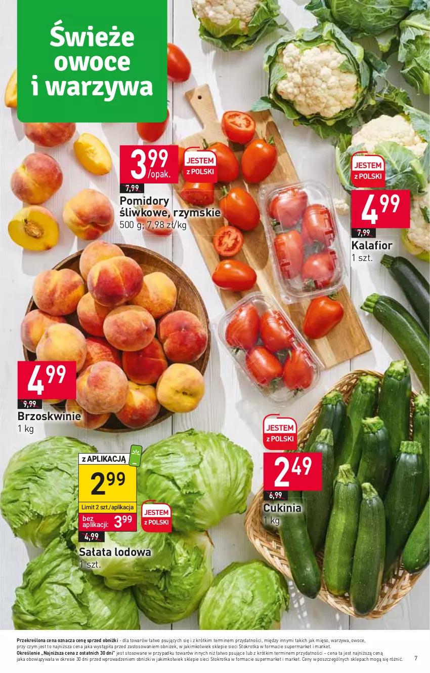 Gazetka promocyjna Stokrotka - Supermarket - ważna 27.07 do 02.08.2023 - strona 7 - produkty: Brzoskwinie, Kalafior, Mięso, Owoce, Pomidory, Sałat, Sałata lodowa, Warzywa