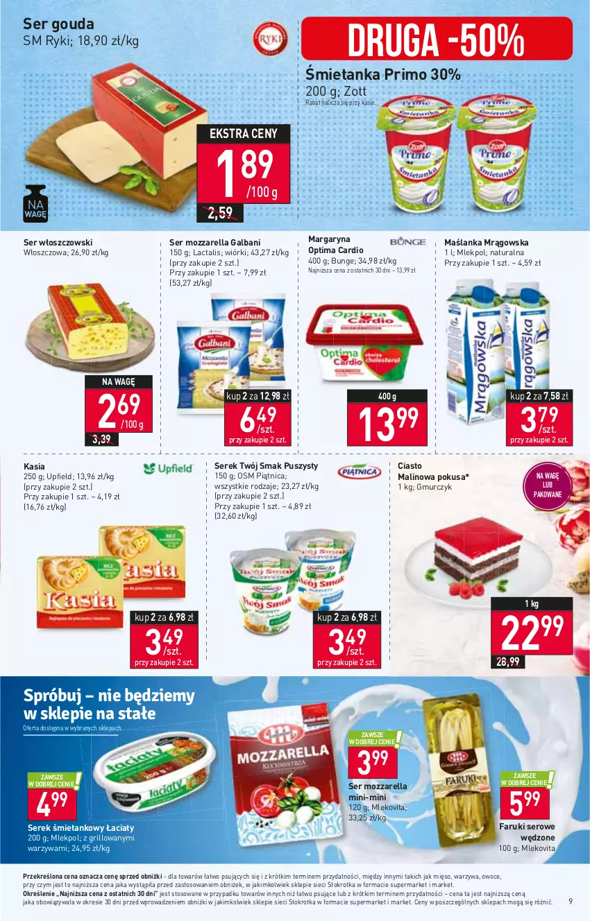 Gazetka promocyjna Stokrotka - Supermarket - ważna 27.07 do 02.08.2023 - strona 9 - produkty: Fa, Galbani, Gouda, Grill, Kasia, Margaryna, Maślanka, Mięso, Mleko, Mlekovita, Mozzarella, Optima, Optima Cardio, Owoce, Piątnica, Ser, Serek, Twój Smak, Warzywa, Włoszczowski, Zott