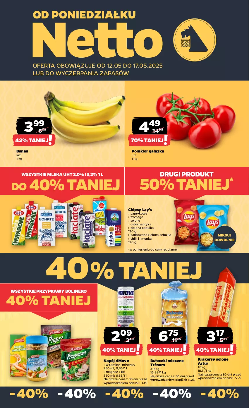 Gazetka promocyjna Netto - Od Poniedziałku - ważna 12.05 do 17.05.2025 - strona 1 - produkty: Artur, Bułeczki, Bułeczki mleczne, Chipsy, Krakersy, Lay’s, Limonka, Magnez, Napój, Papryka, Przyprawy
