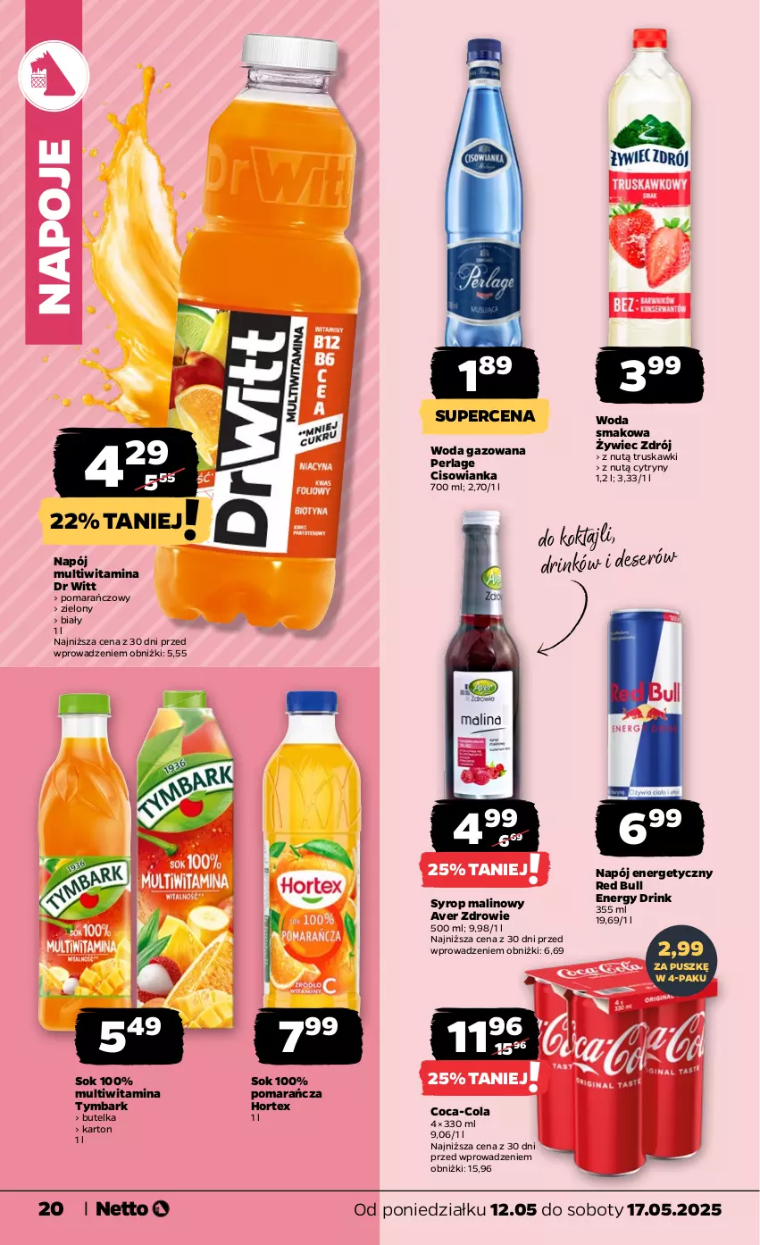 Gazetka promocyjna Netto - Od Poniedziałku - ważna 12.05 do 17.05.2025 - strona 20 - produkty: Cisowianka, Coca-Cola, Cytryny, Deser, Hortex, Napój, Napój energetyczny, Napoje, Red Bull, Ser, Sok, Syrop, Truskawki, Tymbark, Woda, Woda gazowana, Zdrowie