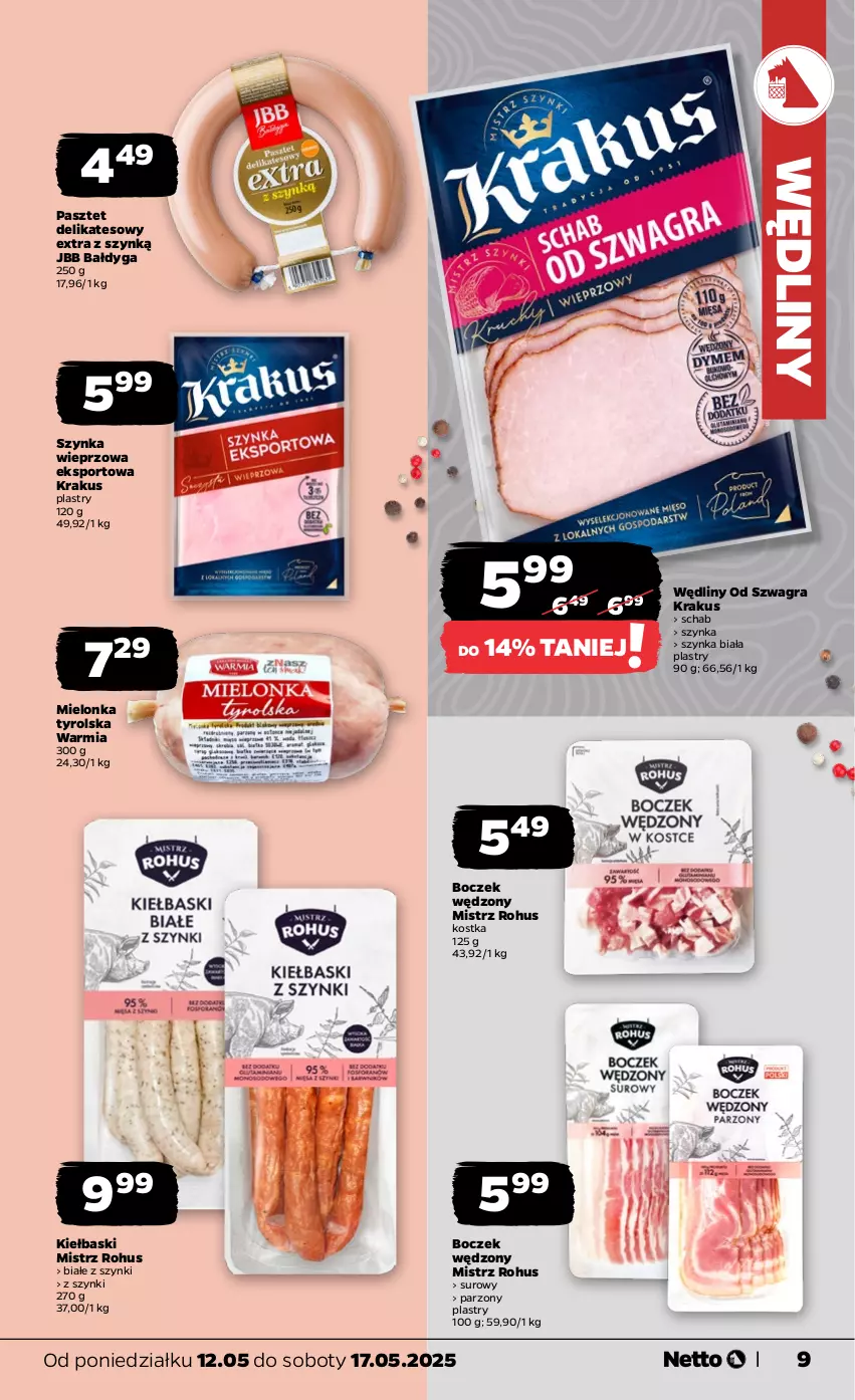 Gazetka promocyjna Netto - Od Poniedziałku - ważna 12.05 do 17.05.2025 - strona 9 - produkty: Boczek, Gra, Krakus, Mielonka tyrolska, Pasztet, Por, Sport, Szynka, Szynka biała, Szynka wieprzowa