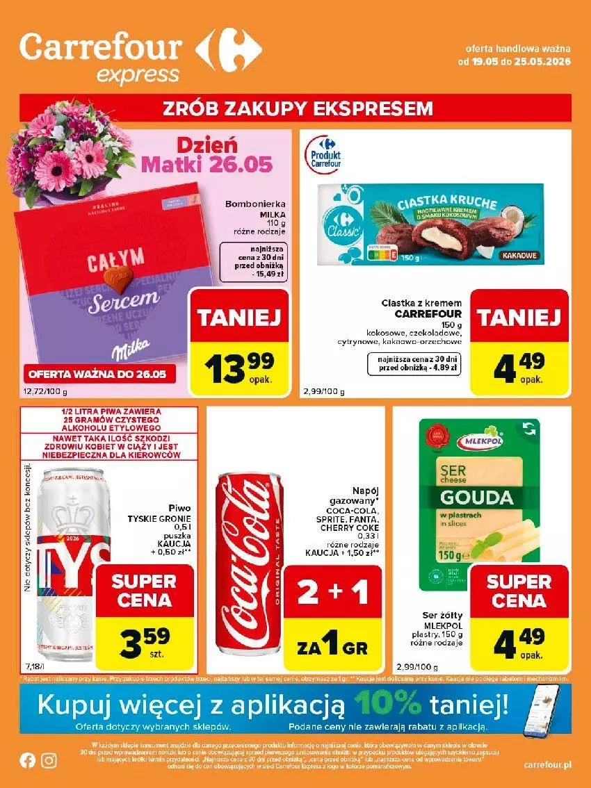 Gazetka promocyjna Carrefour - Gazetka Express - ważna 19.05 do 25.05.2026 - strona 1 - produkty: Ciastka, Coca-Cola, Fa, Fanta, Gra, Kokos, Milka, Piec, Piwa, Ser, Sprite, Tyskie