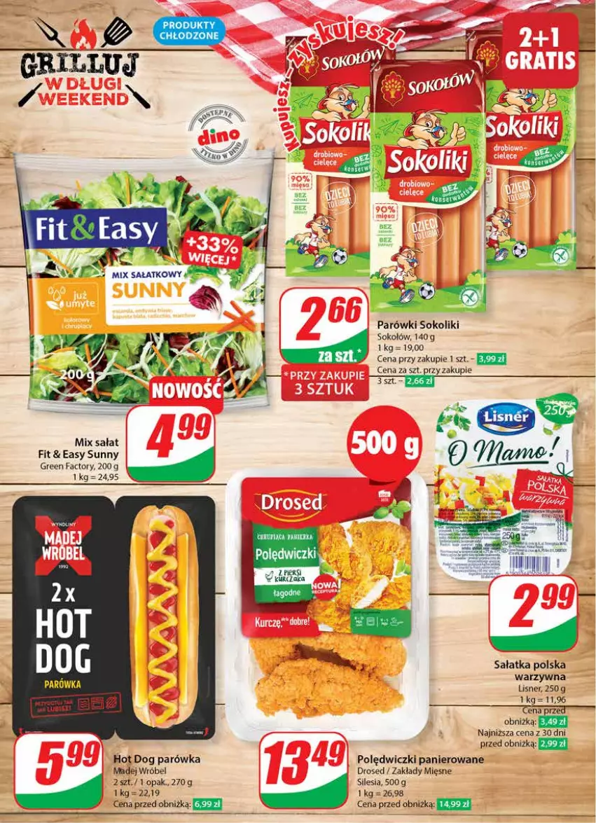 Gazetka promocyjna Dino - Gazetka 18 / 2024 - ważna 02.05 do 07.05.2024 - strona 20 - produkty: Fa, Grill, Hot dog, Lisner, Madej Wróbel, Parówki, Parówki sokoliki, Polędwiczki panierowane, Sałat, Sałatka, Sok, Sokołów