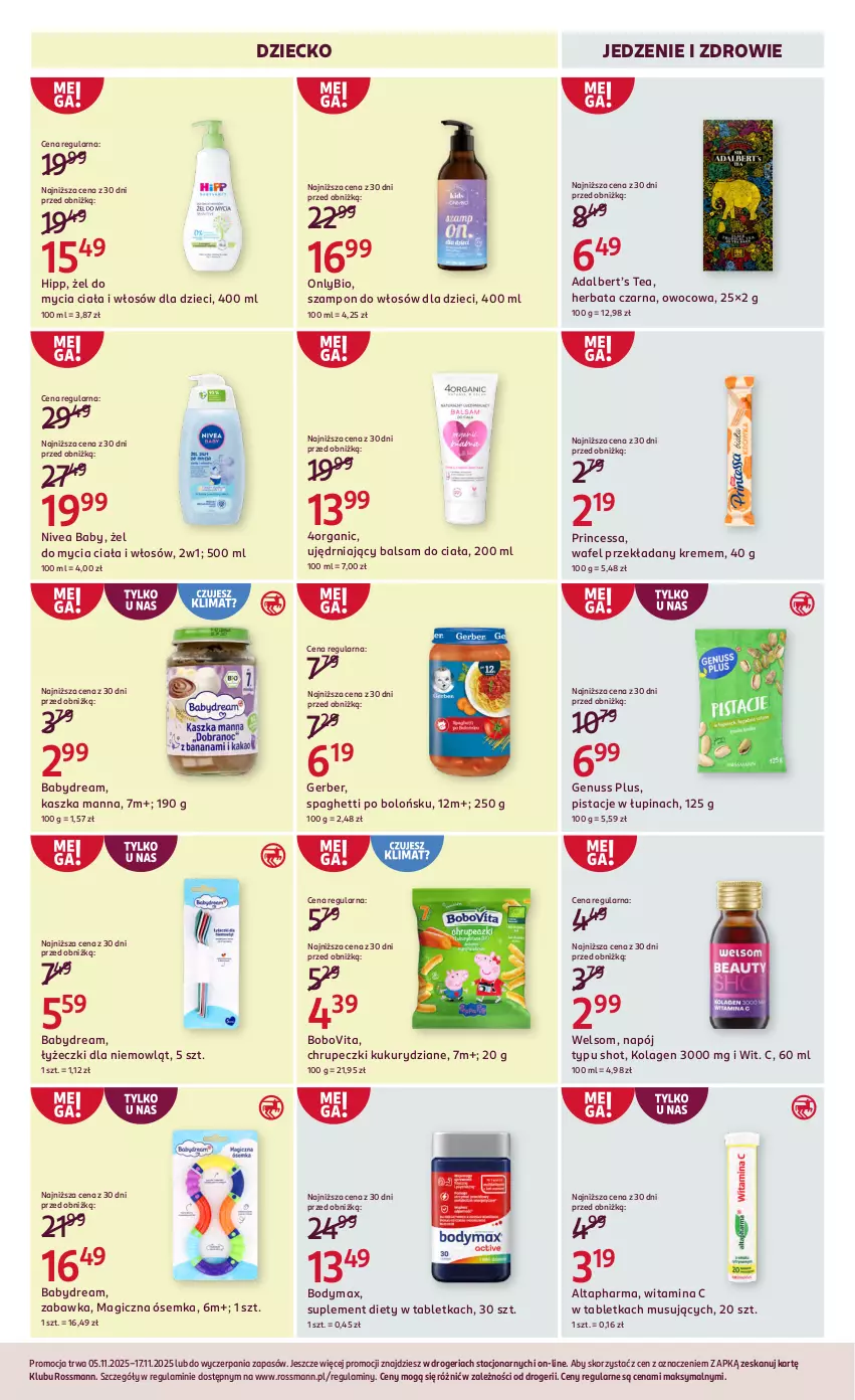 Gazetka promocyjna Rossmann - 5 listopada - ważna 05.11 do 17.11.2025 - strona 12 - produkty: Babydream, Balsam do ciała, BoboVita, Body, Bodymax, Dzieci, Genuss Plus, Gerber, Herbata, Herbata czarna, HiPP, Kolagen, Mus, Napój, Nivea, Nivea Baby, Pistacje, Princessa, Spaghetti, Suplement diety, Szampon, Tablet, Zabawka, Zdrowie