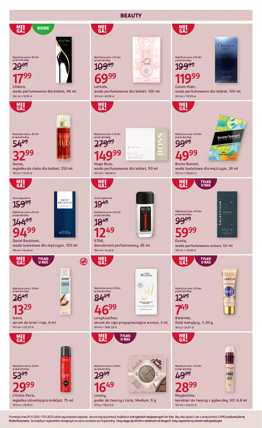 Gazetka promocyjna Rossmann - 5 listopada - ważna 05.11 do 17.11.2025 - strona 4 - produkty: Bell, Bielenda, Bruno Banani, Calvin Klein, David Beckham, Dezodorant, Fa, Hugo Boss, Isana, Korektor do twarzy, L’Oréal, Lovely, Makijaż, Maybelline, Perfum, Puder, Puder do twarzy, Rum, Ser, Serum, Str8, Woda, Woda perfumowana, Woda toaletowa