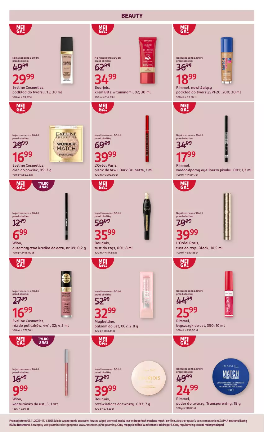 Gazetka promocyjna Rossmann - 5 listopada - ważna 05.11 do 17.11.2025 - strona 5 - produkty: Balsam do ust, Bell, Błyszczyk do ust, Bourjois, Cień, Eveline, Konturówka do ust, Kredka, Krem bb, L’Oréal, Lack, Maybelline, Podkład, Podkład do twarzy, Por, Puder, Puder do twarzy, Róż do policzków, Rozświetlacz, Tran, Tusz, Wibo