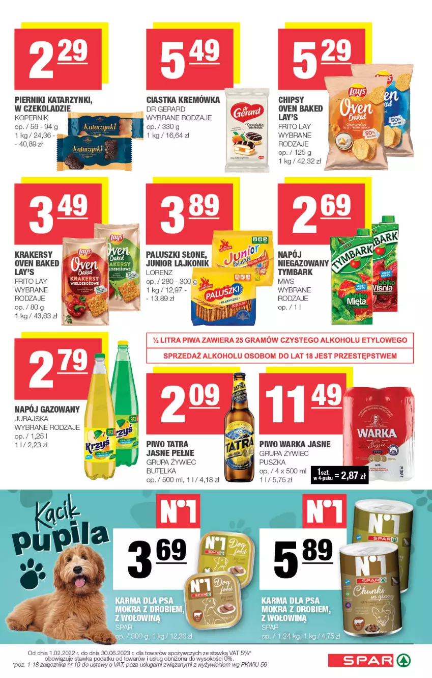 Gazetka promocyjna Spar - Spar - ważna 01.01 do 11.01.2023 - strona 7 - produkty: Chipsy, Ciastka, Dr Gerard, Krakersy, Kremówka, Lajkonik, Lorenz, Piernik, Piwo, Sok, Tatra, Tymbark, Warka, Wołowina