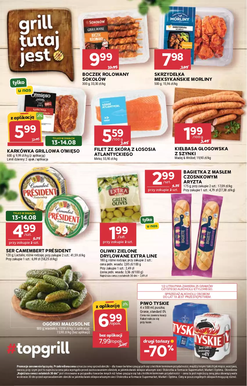 Gazetka promocyjna Stokrotka - Market - ważna 13.08 do 19.08.2026 - strona 13 - produkty: Bagietka, Boczek, Camembert, Gra, Grill, Kiełbasa, Kiełbasa głogowska, Mięso, Morliny, Oliwki, Oliwki zielone, Optima, Owoce, Piwa, Piwo, Président, Ser, Sok, Sokołów, Sos, Tyskie, Warzywa