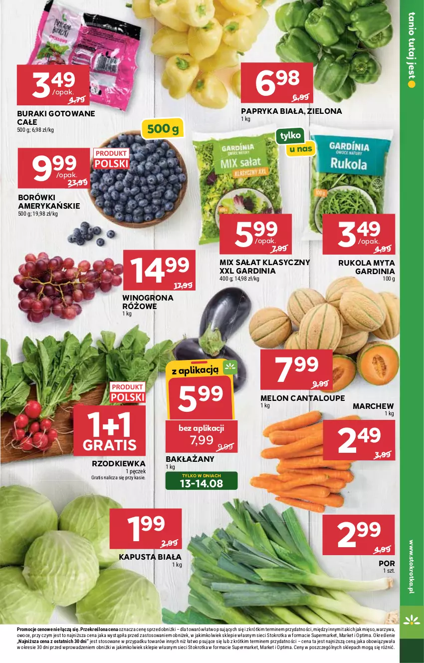 Gazetka promocyjna Stokrotka - Market - ważna 13.08 do 19.08.2026 - strona 15 - produkty: Buraki, Gra, Melon, Mięso, Optima, Owoce, Papryka, Papryka biała, Por, Rukola, Rzodkiewka, Sałat, Warzywa, Wino, Winogrona