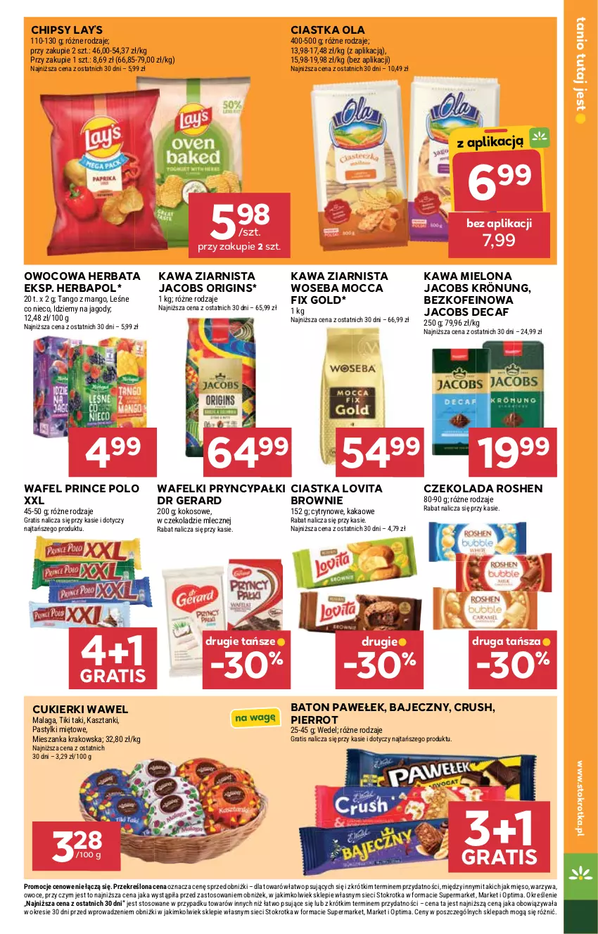 Gazetka promocyjna Stokrotka - Market - ważna 13.08 do 19.08.2026 - strona 17 - produkty: Baton, Brownie, Chipsy, Ciastka, Cukier, Cukierki, Czekolada, Dr Gerard, Gin, Gra, Herbapol, Herbata, Jacobs, Jacobs Krönung, Jagody, Kakao, Kawa, Kawa mielona, Kawa ziarnista, Kokos, Lay’s, Lovi, Mango, Mięso, Mocca Fix Gold, Optima, Owoce, Pastylki, Prince Polo, Warzywa, Wawel, Woseba