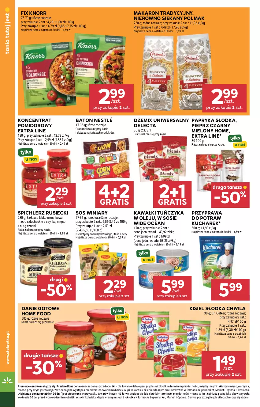 Gazetka promocyjna Stokrotka - Market - ważna 13.08 do 19.08.2026 - strona 24 - produkty: Baton, Danie gotowe, Delecta, Dr. Oetker, Dżem, Gra, Kawa, Kiełbasa, Kisiel, Knorr, Koncentrat pomidorowy, Kucharek, Makaron, Mięso, Nestlé, Olej, Olma, Optima, Owoce, Papryka, Papryka słodka, Pieprz, Przyprawa do potraw, Ser, Słodka Chwila, Sos, Spichlerz Rusiecki, Torebka, Tuńczyk, Warzywa, Winiary