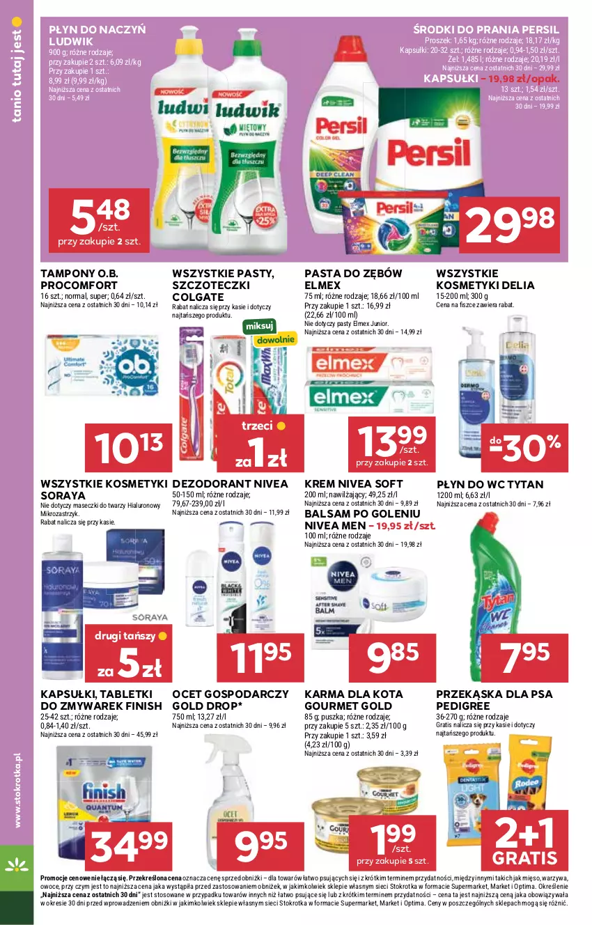 Gazetka promocyjna Stokrotka - Market - ważna 13.08 do 19.08.2026 - strona 30 - produkty: Balsam po goleniu, Colgate, Dezodorant, Elmex, Finish, Gourmet Gold, Gra, LG, Ludwik, Mięso, Nivea, Nivea Men, O.B., Ocet, Optima, Owoce, Pasta do zębów, Pedigree, Persil, Płyn do wc, Tablet, Tampony, Tytan, Warzywa
