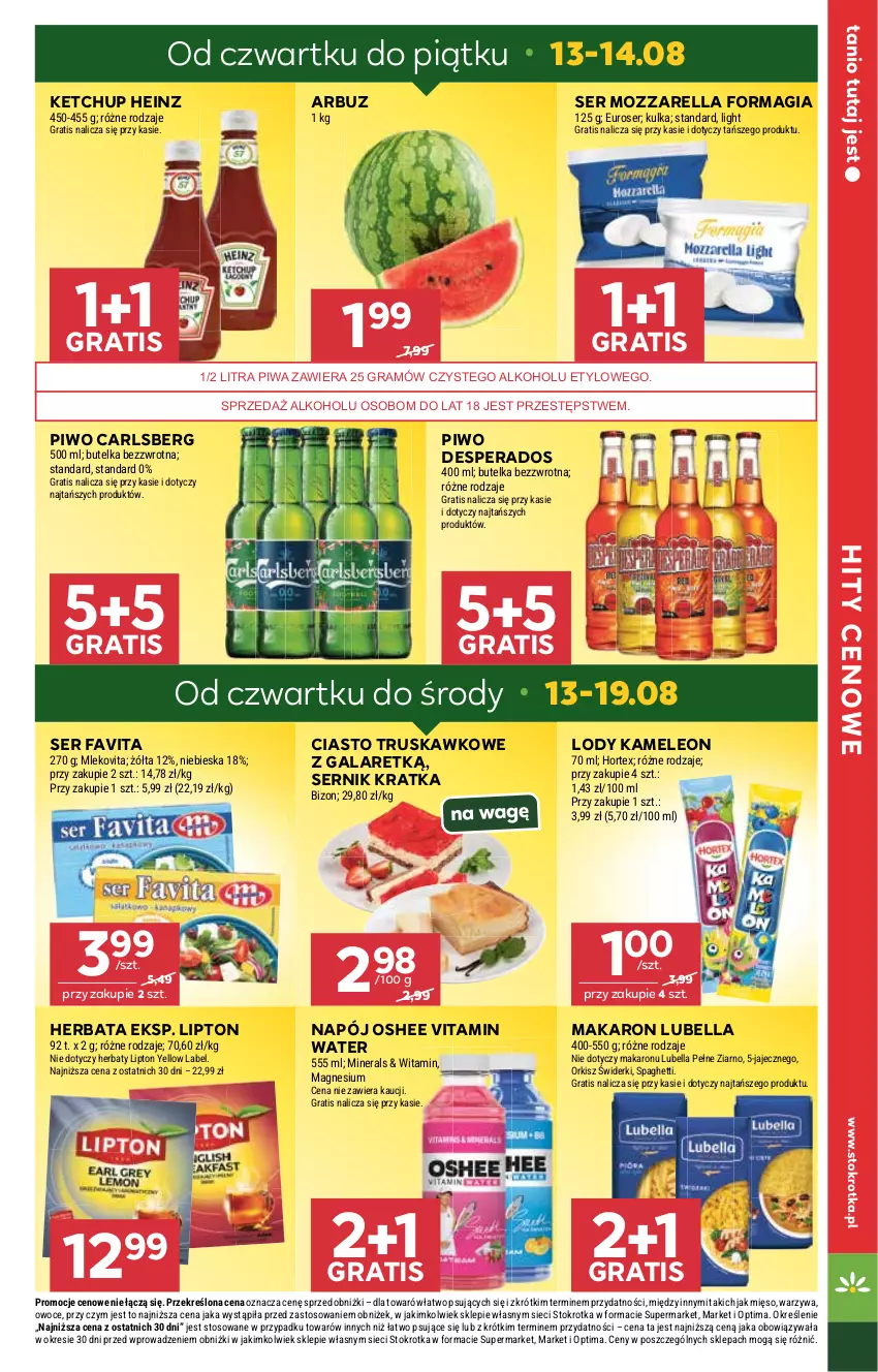 Gazetka promocyjna Stokrotka - Market - ważna 13.08 do 19.08.2026 - strona 5 - produkty: Arbuz, Bell, Bella, Carlsberg, Desperados, Eleo, Fa, Favita, Gala, Gra, Heinz, Herbata, Hortex, Ketchup, Leon, Lipton, Lody, Lubella, Makaron, Mięso, Mleko, Mlekovita, Mozzarella, Napój, Optima, Oshee, Owoce, Piwa, Piwo, Ser, Spaghetti, Warzywa