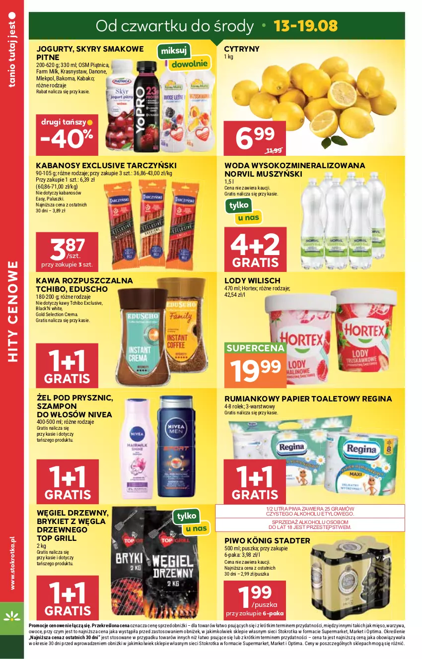 Gazetka promocyjna Stokrotka - Market - ważna 13.08 do 19.08.2026 - strona 6 - produkty: Bakoma, Cytryny, Danone, Fa, Farm Milk, Gin, Gra, Grill, Hortex, Jogurt, Kabanos, Kawa, Kawa rozpuszczalna, König, Lack, Lody, Mięso, Mus, Nivea, Optima, Owoce, Papier, Papier toaletowy, Piątnica, Piwa, Piwo, Rum, Sok, Szampon, Tarczyński, Tchibo, Top, Warzywa, Węgiel drzewny, Woda