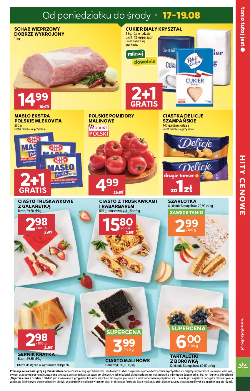 Gazetka promocyjna Stokrotka - Market - ważna 13.08 do 19.08.2026 - strona 7 - produkty: Ciastka, Cukier, Delicje, Gala, Gra, Masło, Mięso, Mleko, Mlekovita, Optima, Owoce, Pomidory, Schab wieprzowy, Ser, Szarlotka, Tarta, Warzywa