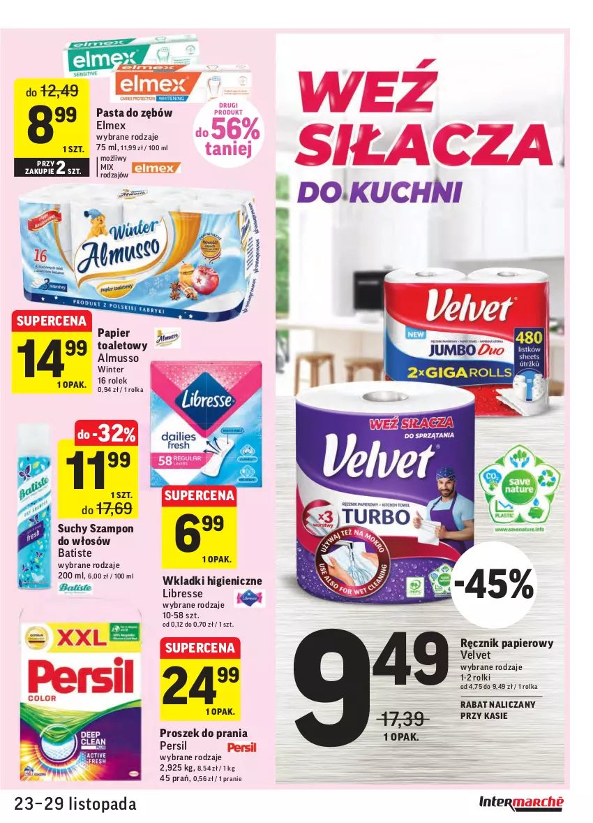 Gazetka promocyjna Intermarche - Gazetka promocyjna - ważna 23.11 do 29.11.2021 - strona 33 - produkty: Batiste, Elmex, Mus, Papier, Papier toaletowy, Pasta do zębów, Persil, Proszek do prania, Ręcznik, Rolki, Suchy szampon, Szampon, Top, Velvet