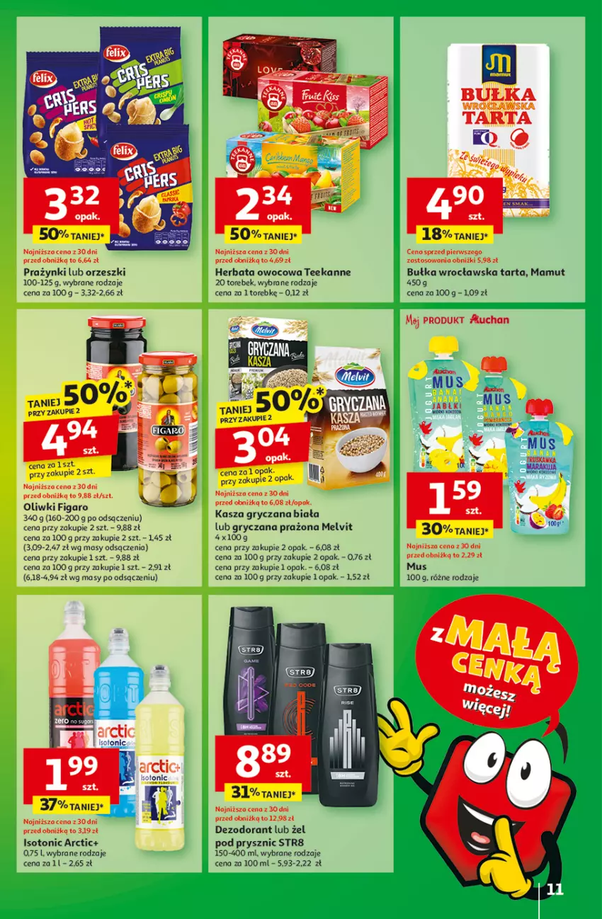 Gazetka promocyjna Auchan - z MAŁĄ CENKĄ dźwigniesz więcej! Hipermarket - ważna 13.02 do 19.02.2025 - strona 11 - produkty: Bułka, Dezodorant, Gry, Herbata, Herbata owocowa, Kasza, Kasza gryczana, Melvit, Mus, Oliwki, Orzeszki, Str8, Tarta, Teekanne