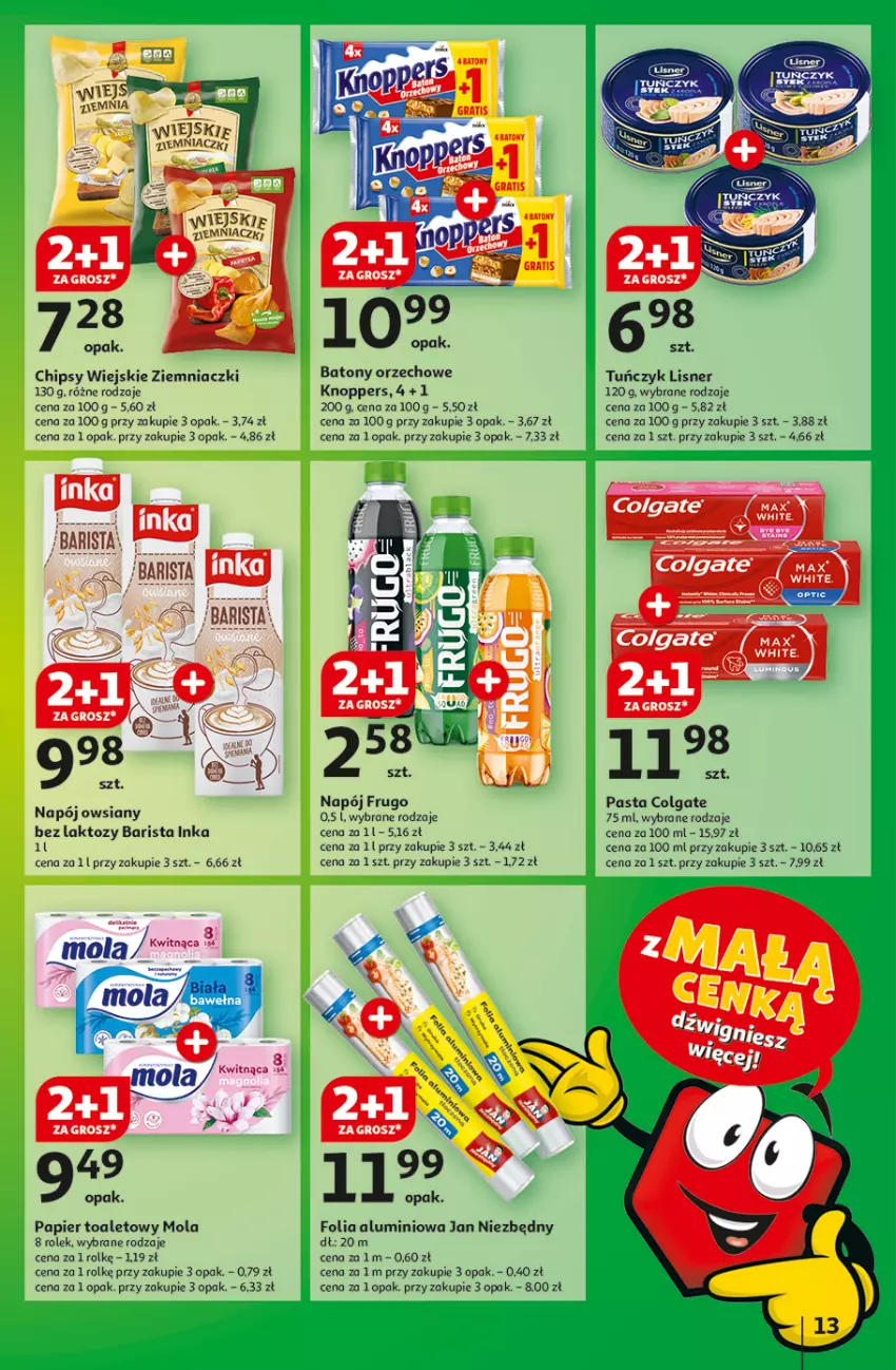 Gazetka promocyjna Auchan - z MAŁĄ CENKĄ dźwigniesz więcej! Hipermarket - ważna 13.02 do 19.02.2025 - strona 13 - produkty: Baton, Chipsy, Colgate, Folia aluminiowa, Inka, Jan Niezbędny, Knoppers, LG, Lisner, Mola, Napój, Papier, Papier toaletowy, Tuńczyk