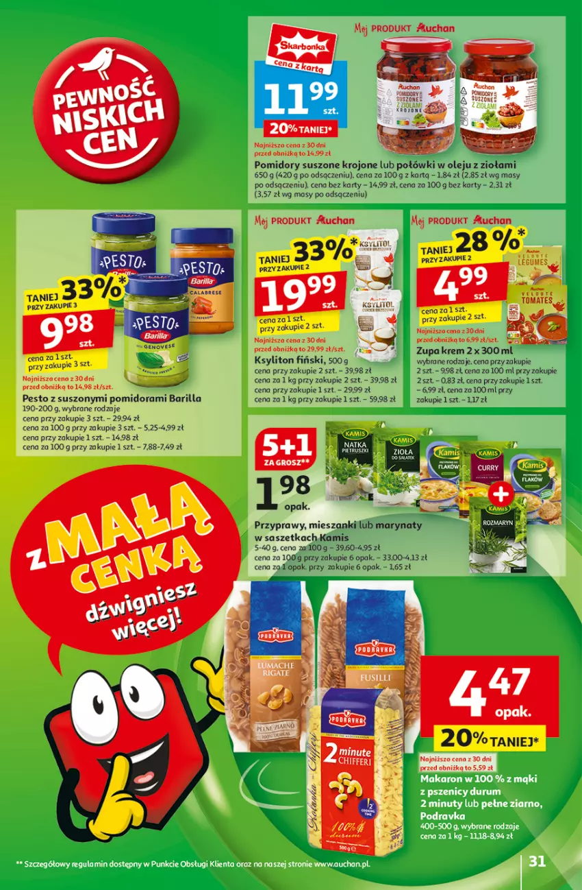 Gazetka promocyjna Auchan - z MAŁĄ CENKĄ dźwigniesz więcej! Hipermarket - ważna 13.02 do 19.02.2025 - strona 33 - produkty: Barilla, Kamis, Ksylitol, Olej, Pesto, Pomidory, Przyprawy, Tusz, Zupa