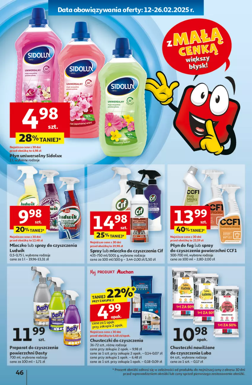 Gazetka promocyjna Auchan - z MAŁĄ CENKĄ dźwigniesz więcej! Hipermarket - ważna 13.02 do 19.02.2025 - strona 54 - produkty: Chusteczki, Chusteczki do czyszczenia, Cif, Fa, Ludwik, Mleczko, Preparat do czyszczenia, Sidolux, Sofa, Spray do czyszczenia