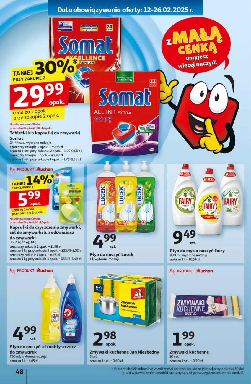 Gazetka promocyjna Auchan - z MAŁĄ CENKĄ dźwigniesz więcej! Hipermarket - ważna 13.02 do 19.02.2025 - strona 56 - produkty: Do mycia naczyń, Fa, Fairy, Jan Niezbędny, Płyn do mycia, Płyn do mycia naczyń, Sól, Somat, Tablet, Zmywaki kuchenne, Zmywarki