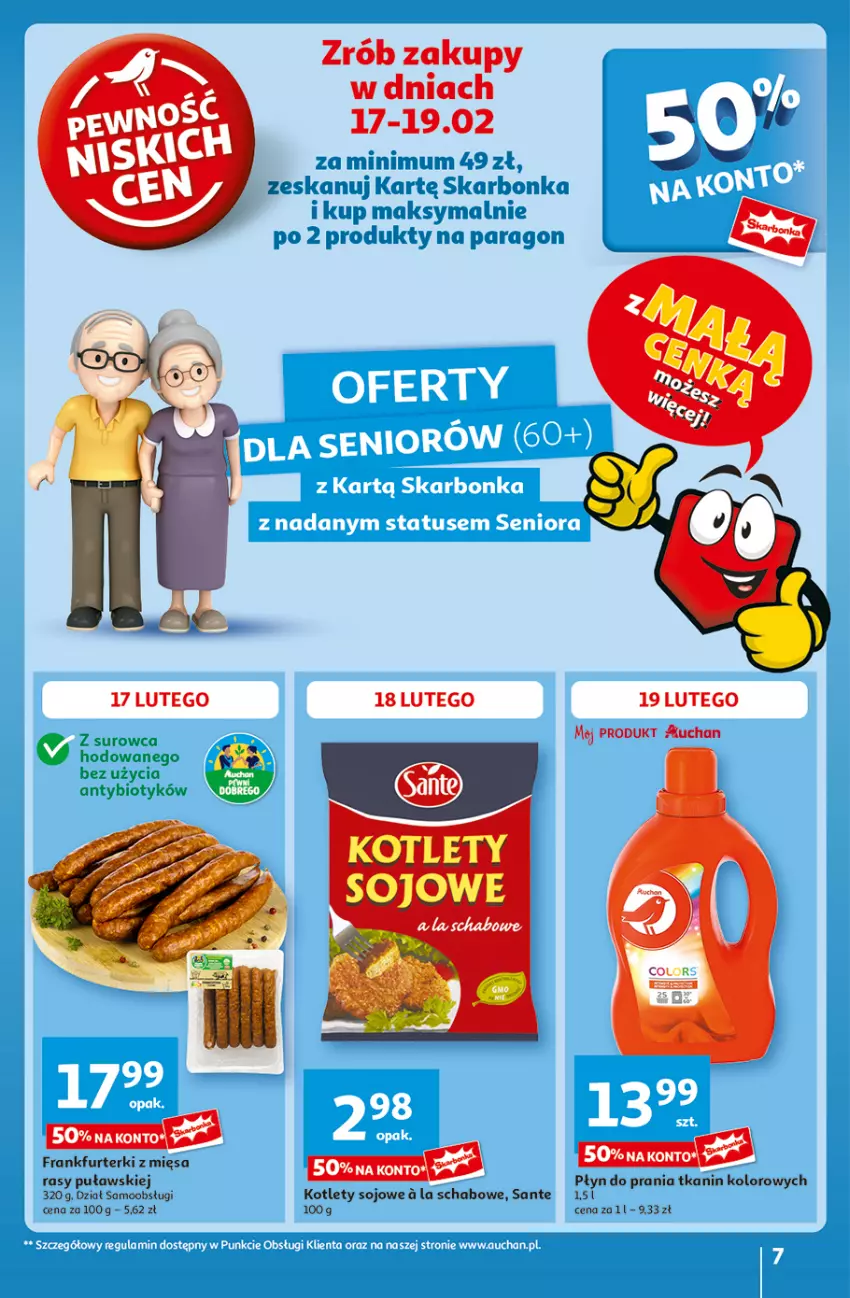 Gazetka promocyjna Auchan - z MAŁĄ CENKĄ dźwigniesz więcej! Hipermarket - ważna 13.02 do 19.02.2025 - strona 7 - produkty: Frankfurterki, Kotlet, Płyn do prania, Por, Sante