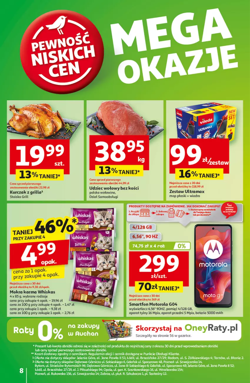 Gazetka promocyjna Auchan - z MAŁĄ CENKĄ dźwigniesz więcej! Hipermarket - ważna 13.02 do 19.02.2025 - strona 8 - produkty: Bateria, Grill, HP, Kurczak, Mokra karma, Mop, Motorola, Rama, Smartfon, Udziec wołowy, Whiskas, Wiadro, Wołowina