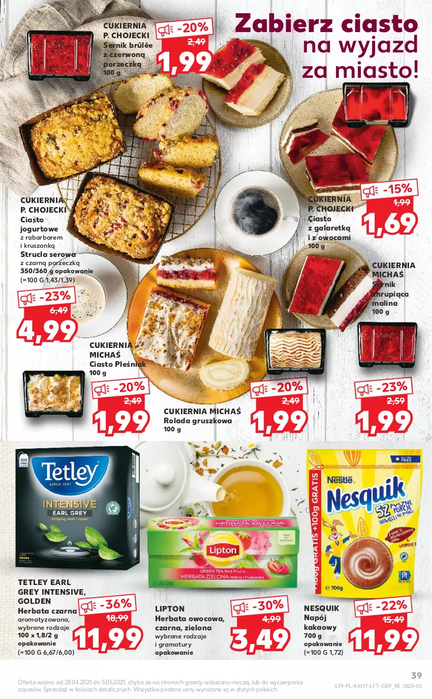 Gazetka promocyjna Kaufland - OFERTA TYGODNIA - ważna 28.04 do 05.05.2021 - strona 39 - produkty: Ciasto jogurtowe, Ciasto z galaretką, Cukier, Earl Grey, Gala, Gra, Herbata, Herbata czarna, Herbata owocowa, Jogurt, Kakao, Lipton, Napój, Nesquik, Por, Rama, Rolada, Ser, Strucla, Tetley