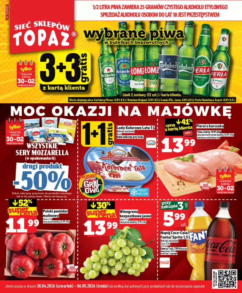 Gazetka promocyjna Topaz - Gazetka - ważna 30.04 do 06.05.2026 - strona 1 - produkty: Gra, Lody, Mozzarella, Piwa, Ser