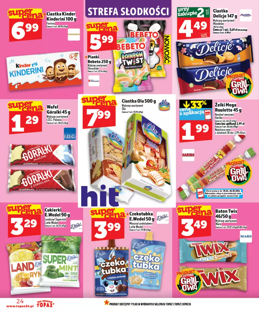 Gazetka promocyjna Topaz - Gazetka - ważna 30.04 do 06.05.2026 - strona 24 - produkty: Ciastka, Cukier, Cukierki, Ferrero, Góralki, Haribo, Kinder, Lalka, Top