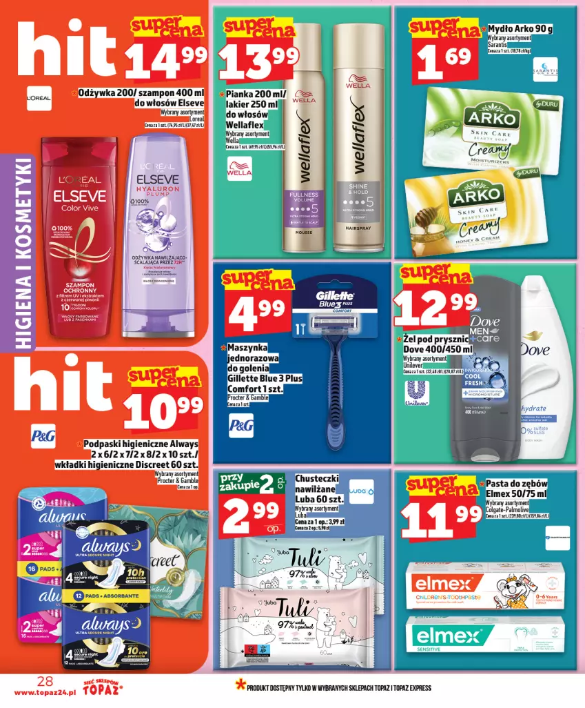 Gazetka promocyjna Topaz - Gazetka - ważna 30.04 do 06.05.2026 - strona 28 - produkty: Chusteczki, Colgate, Dove, Elmex, Elseve, Fa, Gillette, Lakier, LG, Maszynka, Mydło, Odżywka, Palmolive, Pasta do zębów, Szynka, Top, Wella, Wellaflex