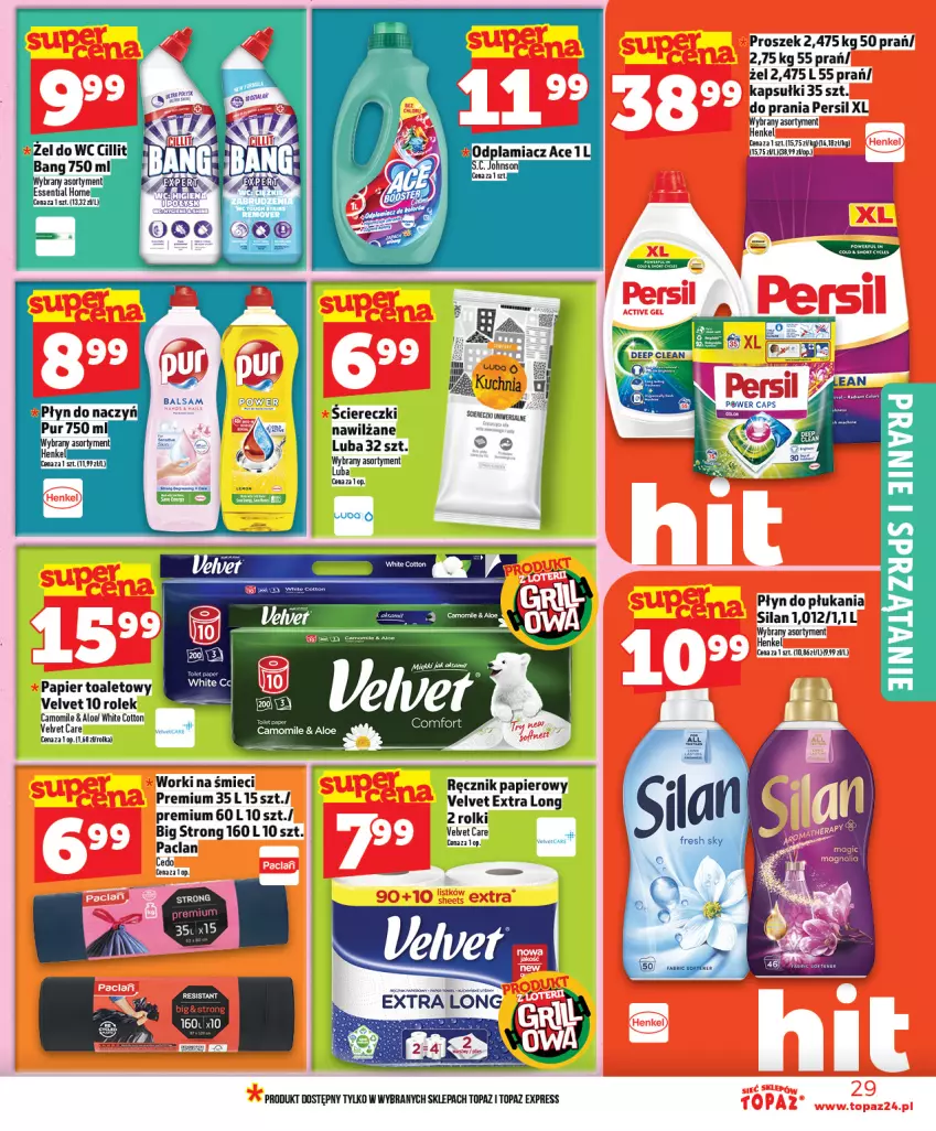 Gazetka promocyjna Topaz - Gazetka - ważna 30.04 do 06.05.2026 - strona 29 - produkty: Aksam, Kuchnia, Papier, Papier toaletowy, Persil, Płyn do płukania, Ręcznik, Rolki, Silan, Top, Velvet, Worki na śmiec, Worki na śmieci