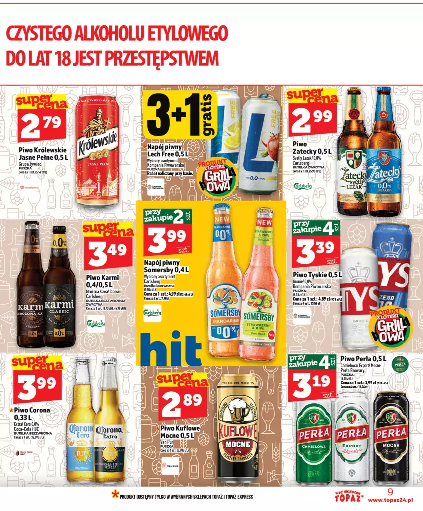 Gazetka promocyjna Topaz - Gazetka - ważna 30.04 do 06.05.2026 - strona 9 - produkty: Carlsberg, Coca-Cola, Karmi, Kawa, Korba, Królewski, Napój, Perła, Piwo, Por, Pur, Somersby, Top, Tyskie