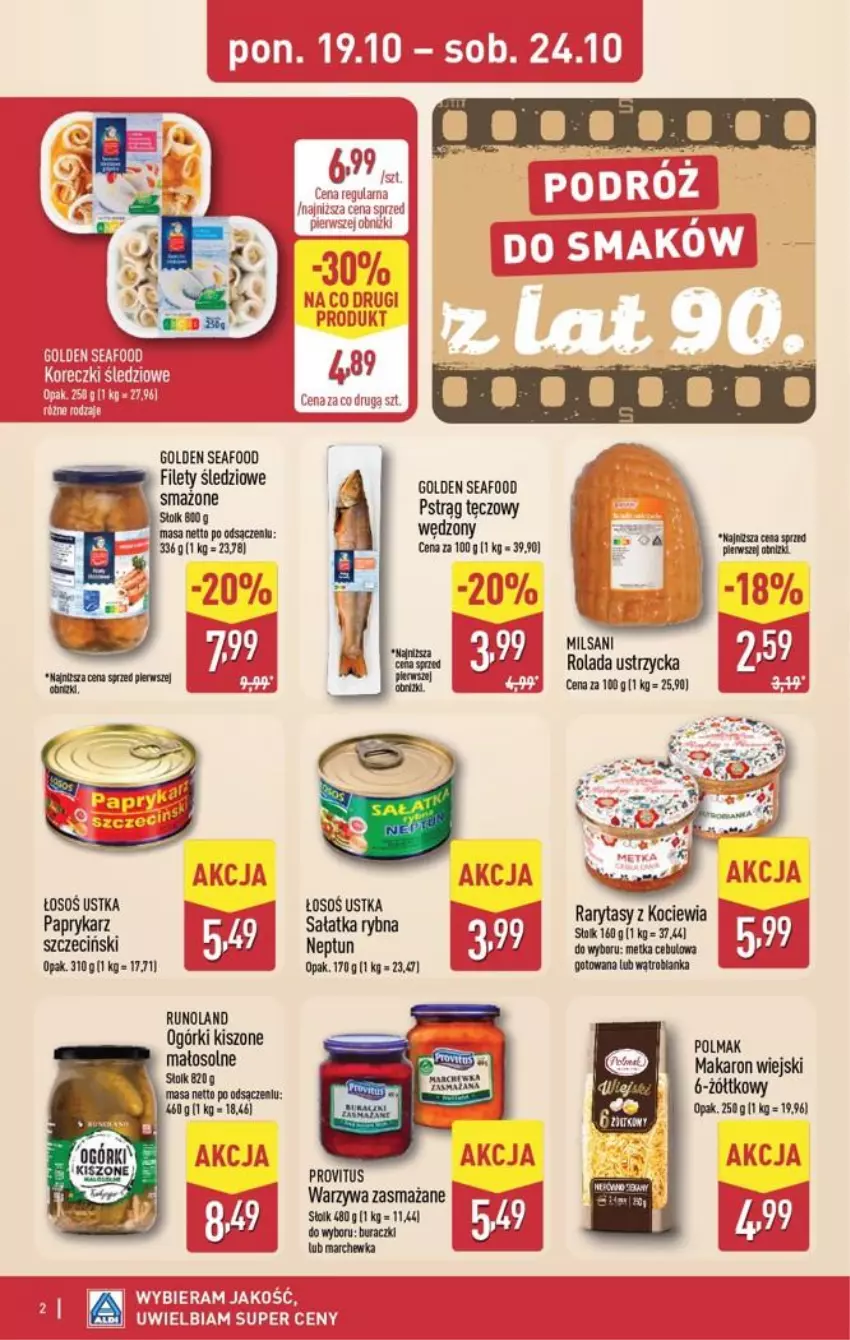 Gazetka promocyjna Aldi - Smakowita podróż - ważna 19.10 do 24.10.2026 - strona 2 - produkty: Fa, Golden Seafood, Koc, Makaron, Marchewka, Olma, Papryka, Paprykarz, Paprykarz szczeciński, Pstrąg, Pstrąg tęczowy, Rolada, Rolada Ustrzycka, Runoland, Sałat, Sałatka, Warzywa