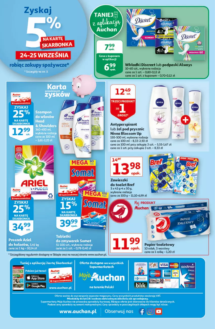 Gazetka promocyjna Auchan - Oszczędzanie z aplikacją Moje Auchan - ważna 23.09 do 29.09.2021 - strona 4 - produkty: Antyperspirant, Ariel, Bref, Discreet, Nivea, Papier, Papier toaletowy, Wkładki, Zawieszki