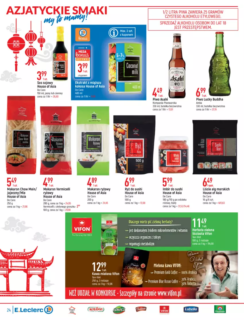 Gazetka promocyjna E Leclerc - ważna 18.01 do 30.01.2022 - strona 24 - produkty: Asahi, BIC, Herbata, House of Asia, Imbir, Kawa, Kawa mielona, Kokos, LG, Makaron, Makaron ryżowy, Piwo, Ryż, Ryż do sushi, Sos, Sos sojowy, Sushi