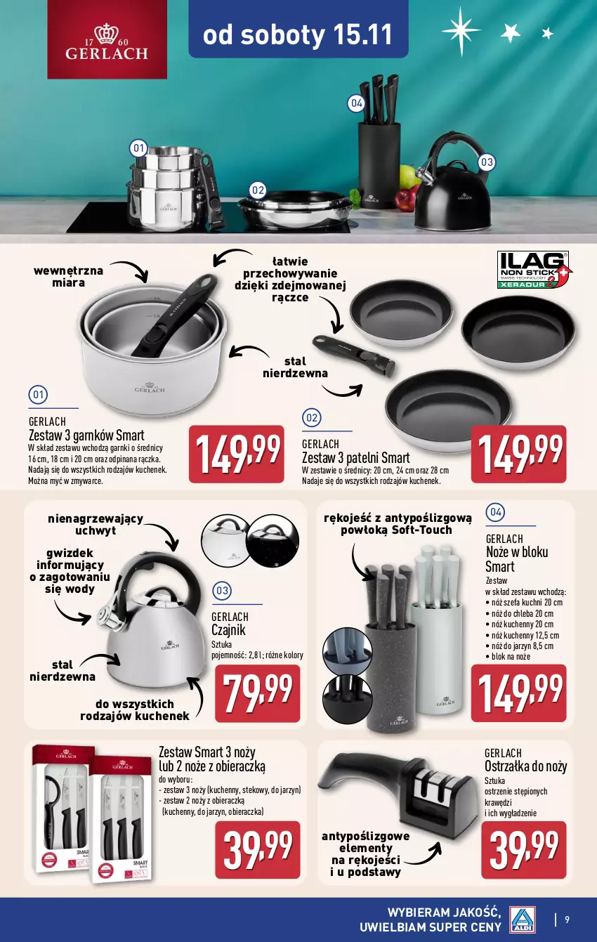 Gazetka promocyjna Aldi - Pełna oferta - ważna 12.11 do 15.11.2025 - strona 9 - produkty: Blok na noże, Chleb, Czajnik, Fa, Noż, Nóż do chleba, Nóż szefa kuchni, Obieraczka, Ostrzałka do noży, Stek