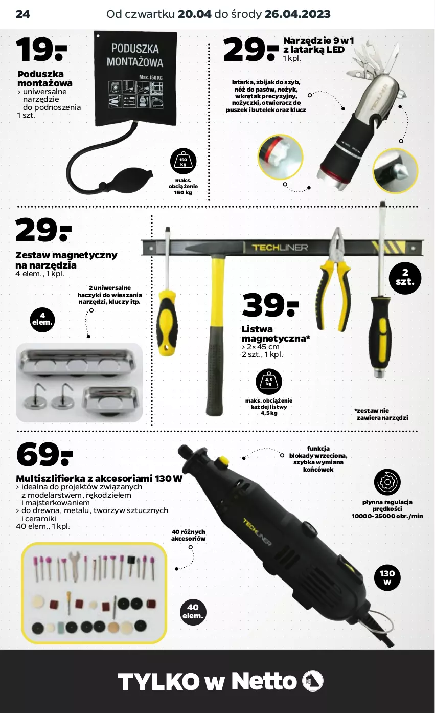 Gazetka promocyjna Netto - Akcesoria i dodatki - ważna 20.04 do 26.04.2023 - strona 8 - produkty: Haczyk, Latarka, Listwa, Noż, Nożyczki, Otwieracz, Poduszka, Szlifierka, Tarka, Wkręt