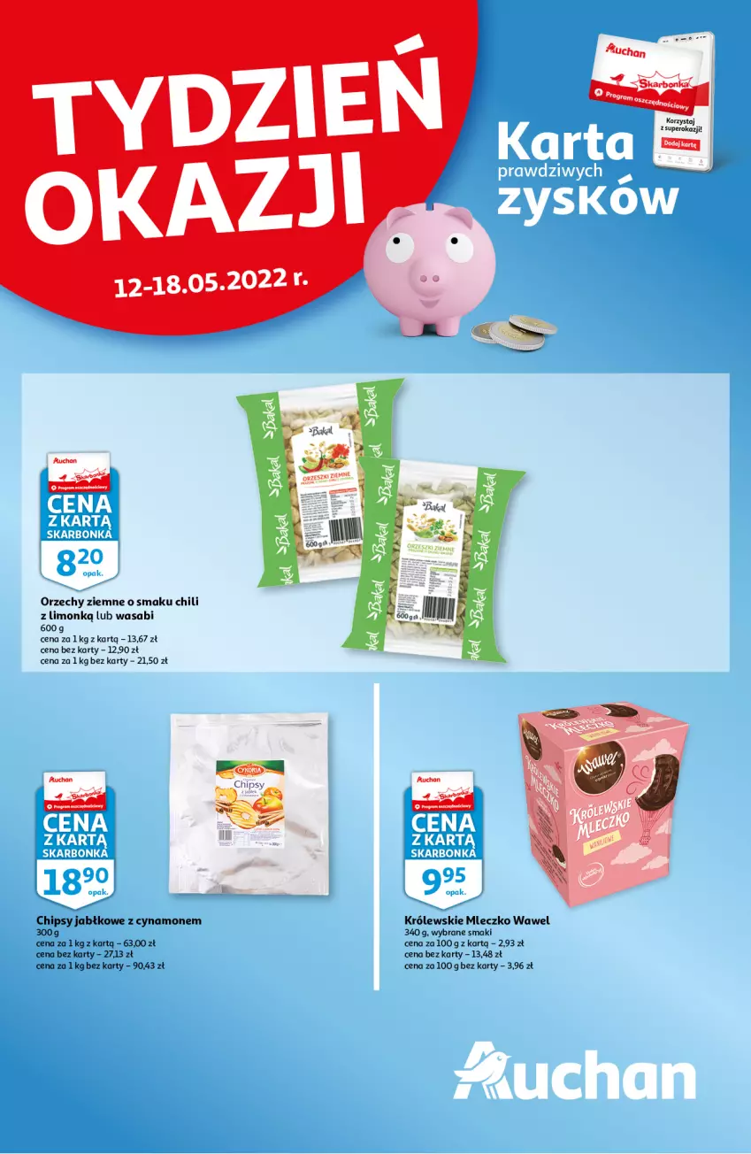 Gazetka promocyjna Auchan - Skarbonka #19 - ważna 12.05 do 18.05.2022 - strona 1 - produkty: Chipsy, Królewski, Królewskie Mleczko, Mleczko, Wasa, Wawel