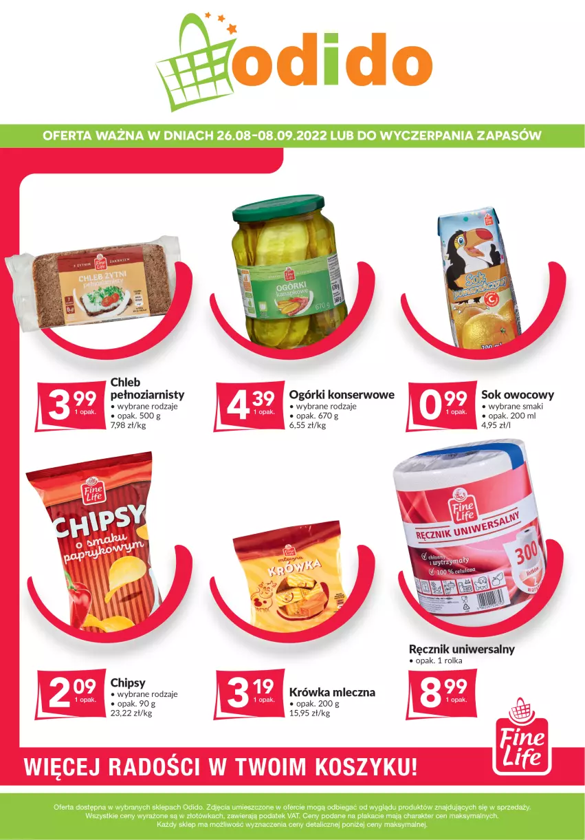 Gazetka promocyjna Odido - Super Oferty! - ważna 26.08 do 08.09.2022 - strona 1 - produkty: Chipsy, Chleb, Kosz, Ogórki konserwowe, Ręcznik, Ser, Sok