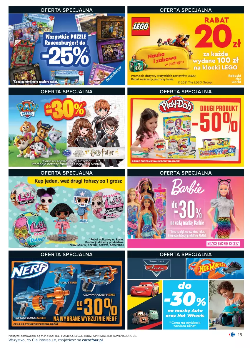 Gazetka promocyjna Carrefour - Gazetka Szkoła modna różnorodna - ważna 16.08 do 04.09.2021 - strona 15 - produkty: Barbie, Burger, Hasbro, LEGO, Mattel, Ravensburger