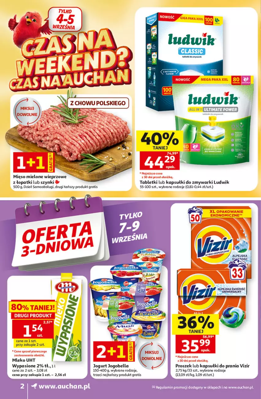 Gazetka promocyjna Auchan - 30 Lat Supermarket - ważna 03.09 do 09.09.2026 - strona 2 - produkty: Bell, Bella, Gra, Jogobella, Jogurt, Kapsułki do prania, Ludwik, Mięso, Mięso mielone, Mleko, Tablet, Vizir, Zmywarki
