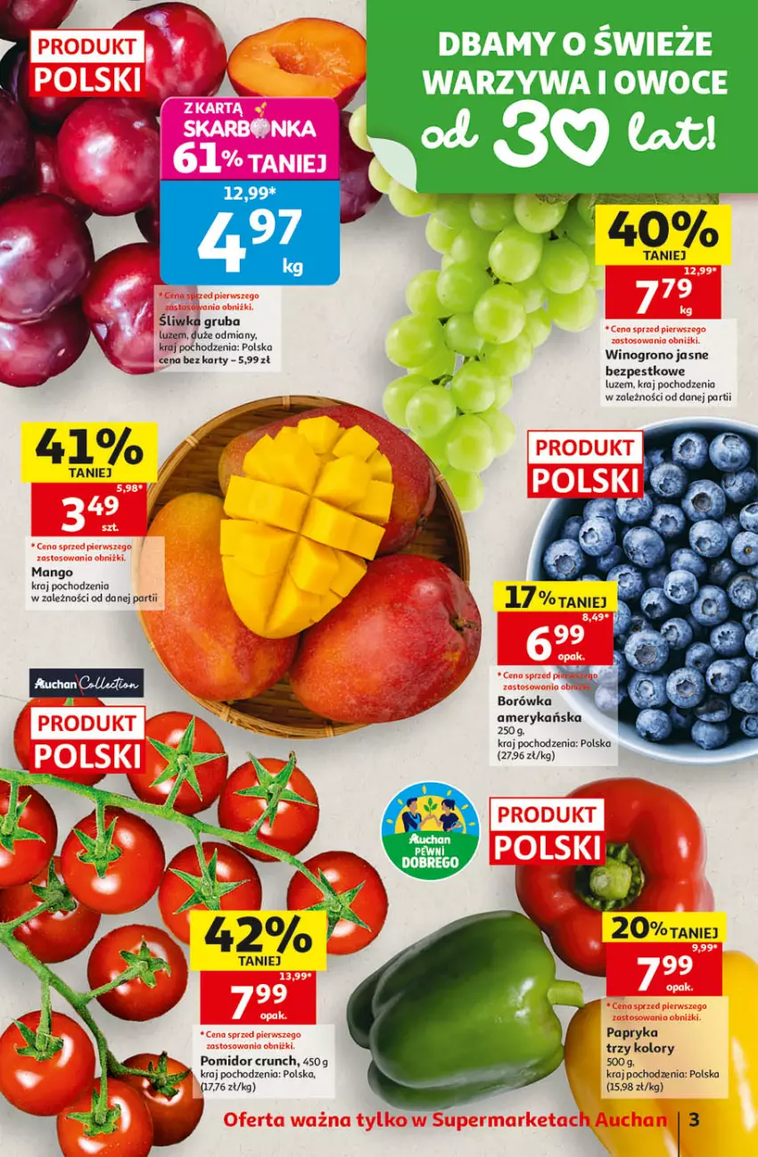 Gazetka promocyjna Auchan - 30 Lat Supermarket - ważna 03.09 do 09.09.2026 - strona 3 - produkty: Borówka, Borówka amerykańska, Mango, Owoce, Papryka, Warzywa, Warzywa i owoce, Wino