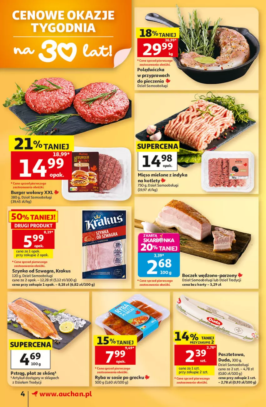 Gazetka promocyjna Auchan - 30 Lat Supermarket - ważna 03.09 do 09.09.2026 - strona 4 - produkty: Boczek, Burger, Duda, Gra, Kotlet, Krakus, Mięso, Mięso mielone, Pasztet, Piec, Ryba, Sos, Szynka