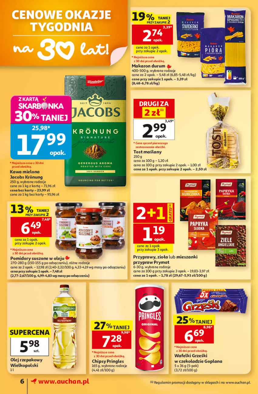 Gazetka promocyjna Auchan - 30 Lat Supermarket - ważna 03.09 do 09.09.2026 - strona 6 - produkty: Chipsy, Goplana, Grześki, Jacobs, Kawa, Kawa mielona, LANA, Makaron, Olej, Olej rzepakowy, Pomidory, Pringles, Prymat, Przyprawy, Rum
