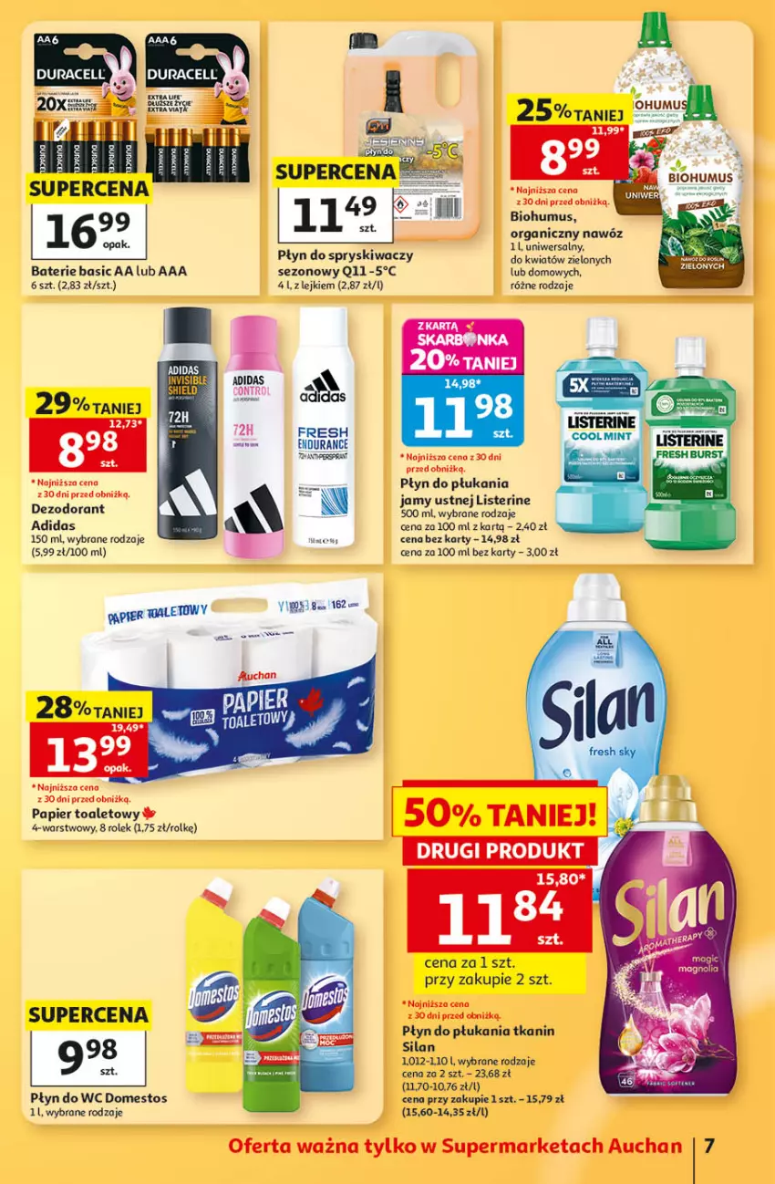 Gazetka promocyjna Auchan - 30 Lat Supermarket - ważna 03.09 do 09.09.2026 - strona 7 - produkty: Adidas, Biohumus, Dezodorant, Domestos, Listerine, Mus, Nawóz, Papier, Papier toaletowy, Płyn do płukania, Płyn do płukania jamy ustnej, Płyn do spryskiwaczy, Płyn do wc, Silan
